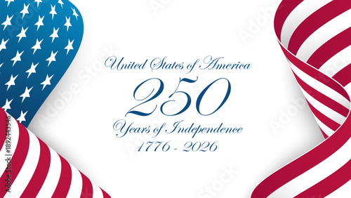 250 years of Independence celebration banner for United States of America birthday greetings and invitations. Waving American flag. Vector illustration.