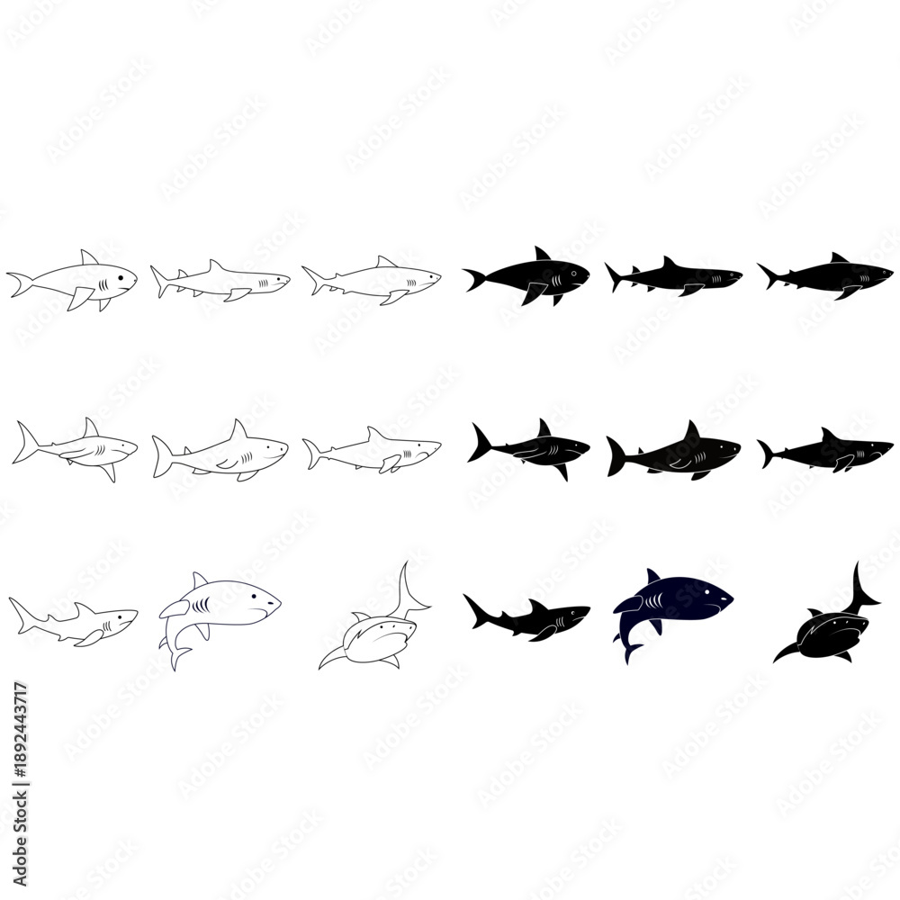Obraz premium Shark vector icon set. Fish Illustration sign collection. Ocean life symbol or logo.