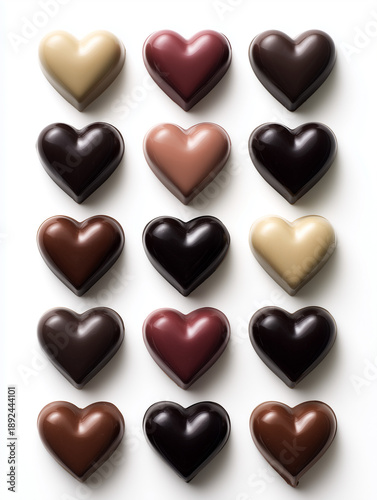 Top-down view of an assortment of heart-shaped chocolates in milk, dark, and white varieties, neatly arranged in a grid on a clean white background.