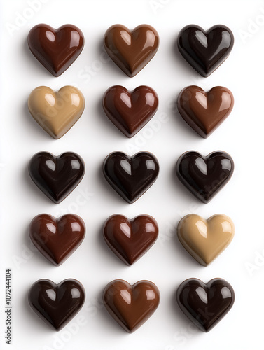 Top-down view of an assortment of heart-shaped chocolates in milk, dark, and white varieties, neatly arranged in a grid on a clean white background.