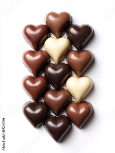 Top-down view of an assortment of heart-shaped chocolates in milk, dark, and white varieties, neatly arranged in a grid on a clean white background.