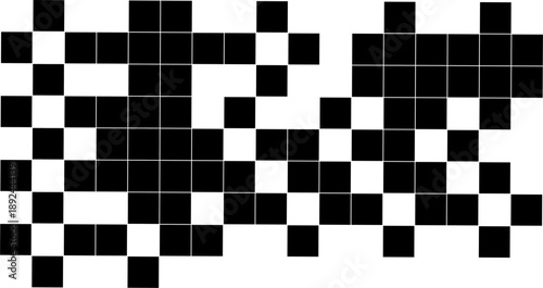 Abstract black and white pixelated pattern forming a geometric mosaic background. Minimalist digital art texture with glitch and checkerboard style