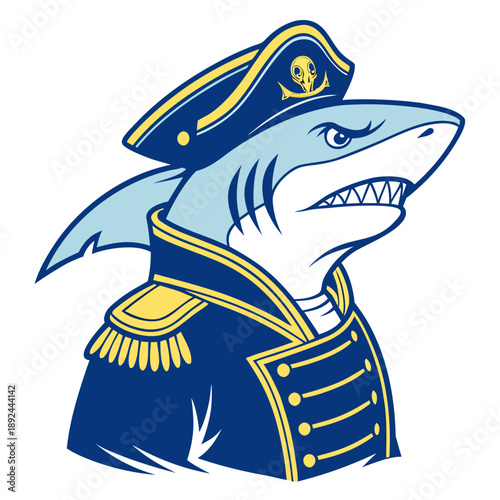 Fierce Admiral Shark Mascot in Naval Uniform Bold Military Sea Predator Cartoon Illustration