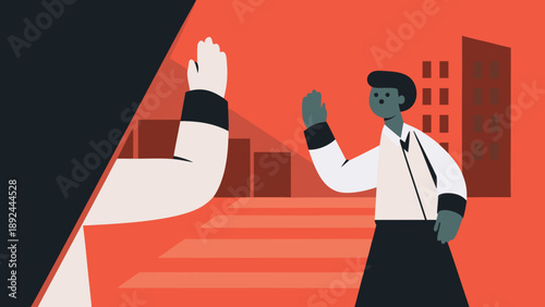 City official directing traffic with hand signal in urban setting at night