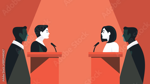 Two people debating at podiums with microphones in a formal discussion setting with audience