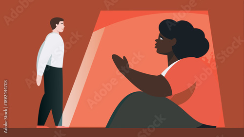 Two figures separated by barrier man and woman in orange and white emotional distance relationship concept