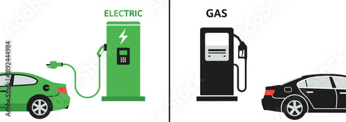 Electric Car Charging Versus Gasoline Refueling Comparison Flat Vector Illustration