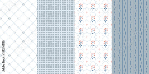 Cottage core seamless pattern set with blue florals, farmhouse gingham and vintage geometric textures. Decorative wrapping paper and textile backgrounds