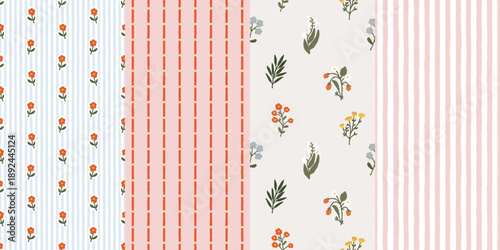 Seamless patterns set with dainty wildflowers, strawberries, and hand-drawn stripes in cottagecore style. Decorative wrapping paper and textile backgrounds