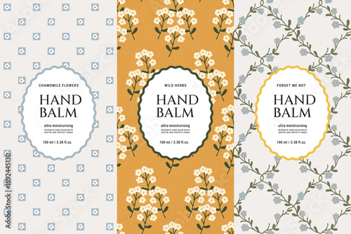 Seamless floral patterns set for hand balm packaging with hand-drawn botanical illustrations and label templates