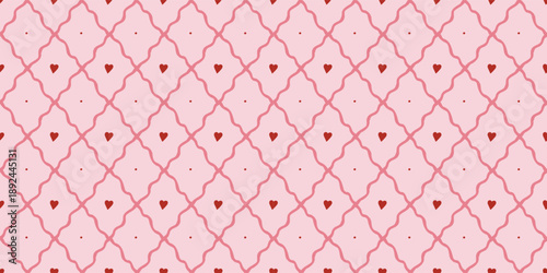 Seamless pattern with pink hand drawn geometric trellis and red hearts and dots on wavy diamond grid. Romantic background