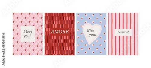 Set of valentines day greeting card collection with pink and purple romantic patterns. Heart frames, and love messages