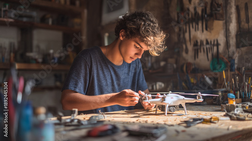 A young man is intently working on a drone in a cluttered workshop with various tools