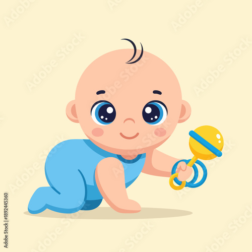 Happy Baby Boy with Toy Rattle.