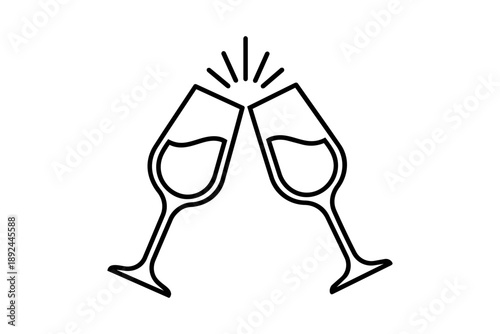 Two wine glasses clinking in a celebratory toast depicted with a simple black line drawing