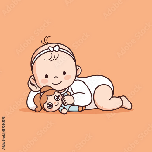 Baby Girl Lying Down with Doll.