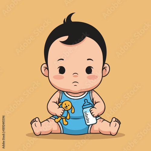 Baby Boy Holding Toy and Baby Bottle.