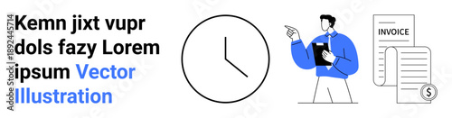 Time tracking, financial organization, workplace productivity, billing management, deadline planning, accounting workflows. Professional figure with clock, invoices and documents. Time tracking