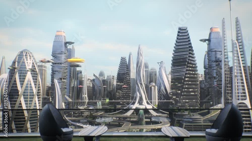 Wallpaper Mural From a Rooftop Terrace, the Camera Fly Across a Sci‑fi Skyline as Flying Taxis and Hovercars Fly Between Towers Skyscrapers. Skybridges, Expressways, Glass Plazas Reveal a High‑tech Smart Metropolis Torontodigital.ca