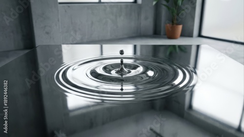 Hypnotic ripples from a water droplet impacting a sleek, reflective surface, creating fluid elegance