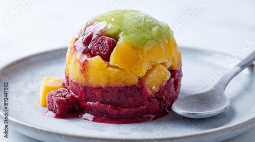 Colorful scoop of layered fruit sorbet with green, yellow, and red flavors melting on a plate with a spoon. Refreshing summer dessert, healthy, vegan, sweet treat, gourmet and vibrant snack.