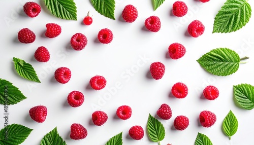 Wallpaper Mural Red raspberries and green leaves scattered on a white surface Torontodigital.ca