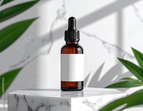 Wallpaper Mural Amber dropper bottle on marble, leafy backdrop, sunlight shadows Torontodigital.ca