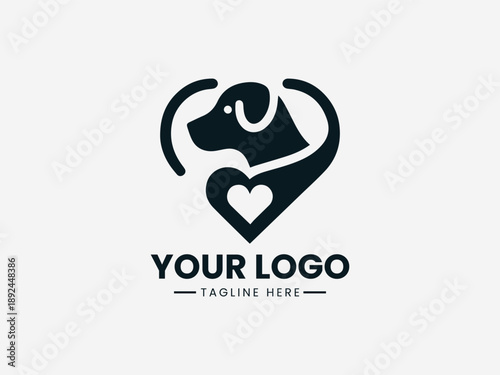 Loving dog forming a heart shape representing affection loyalty and emotional pet bond in black vector logo illustration
