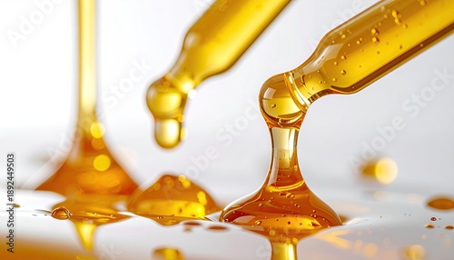 Wallpaper Mural Droppers dispensing golden liquid, close-up with light and shadow play Torontodigital.ca