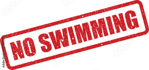 A vibrant red distressed rubber stamp distinctly displays the clear message NO SWIMMING on a stark white background