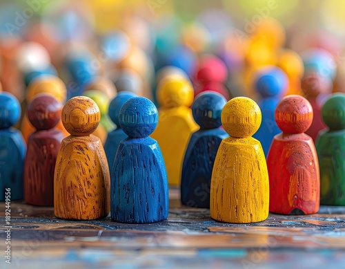 Wallpaper Mural Colorful wooden figurines stand in a group, close-up, soft background Torontodigital.ca