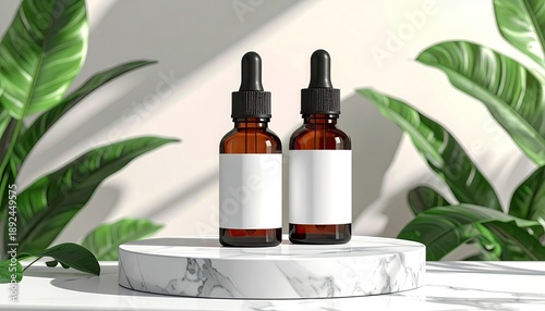 Wallpaper Mural Two amber glass dropper bottles on a marble pedestal, with leafy plants Torontodigital.ca