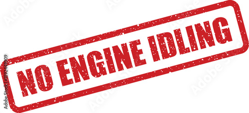 A vibrant red rectangular rubber stamp clearly stating NO ENGINE IDLING on a plain white backdrop