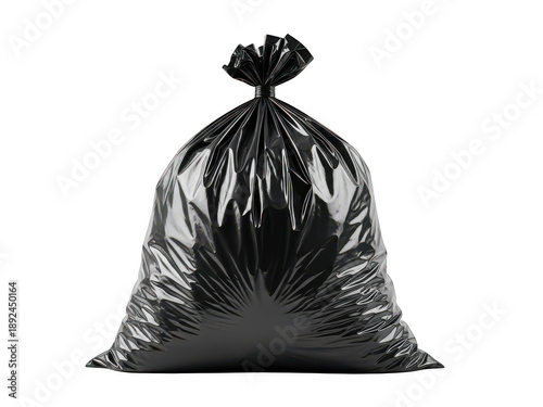 Single black garbage bag tied and standing upright isolated on transparent background