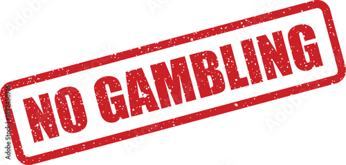 A vibrant red textured rubber stamp with the bold phrase NO GAMBLING displayed diagonally on a bright white surface