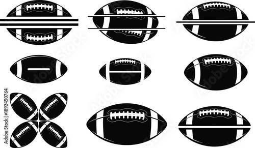 Stylized American football illustrations with unique stripe and stitching designs, sports ball silhouettes for athletic branding, logo, and identity artwork