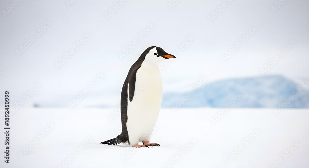 Fototapeta premium Gentoo penguin standing on white snow in Antarctica landscape.
