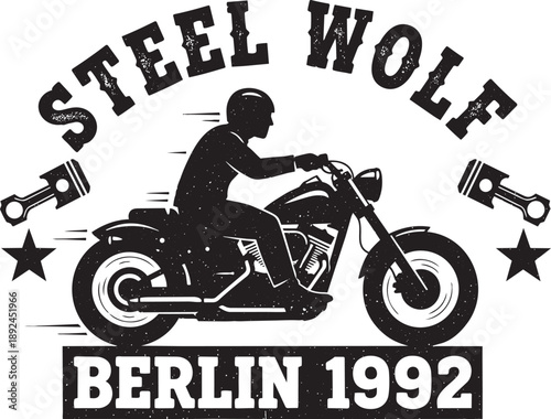 Racing motorcycle with rider in motion, surrounded by stars and pistons, illustration of speed and power