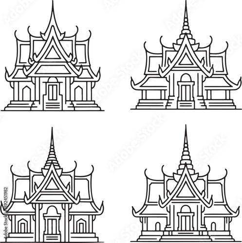Set of Thai temple Outline vector illustration isolated On Transparent Background