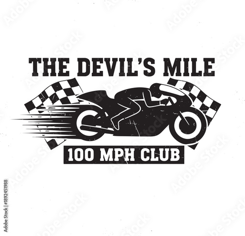 Motorcycle racing down a track with checkered flags waving, speeding at high velocity.