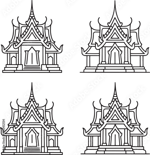 Set of Thai temple Outline vector illustration isolated On Transparent Background