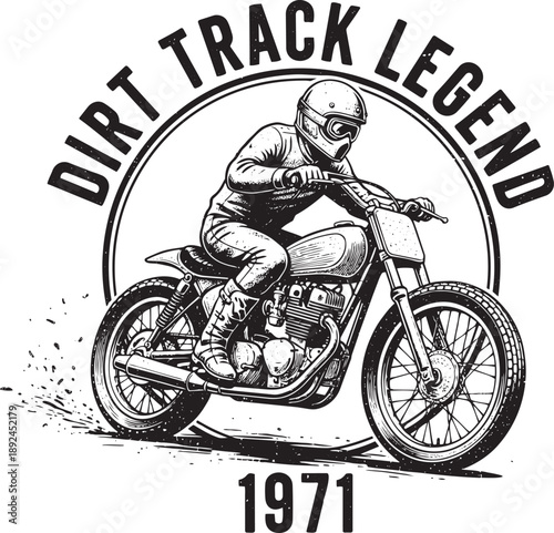 Vintage motorcycle rider in action on dirt track, dynamic illustration with bold lines and vintage feel