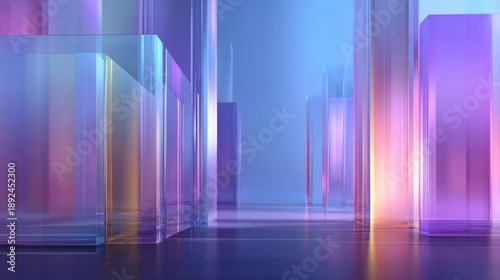 Abstract 3D Glassmorphism Background With Colorful Transparent Towers In A Neon Light Corridor