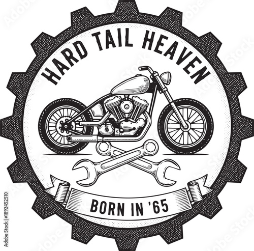 Vintage motorcycle illustration with wrenches in a circular gear emblem design
