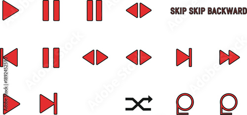 Vector Illustration of Red media control icons set on white background for UI design