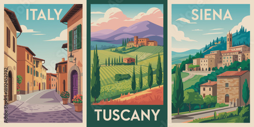 Scenic Italy Street View Poster, Featuring Cobblestones, Charming Cream Houses, and Flower Pots