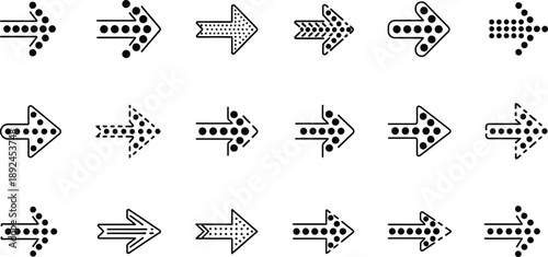 Vector Illustration of Set of 18 dotted, dashed, and solid arrow icons in black on white