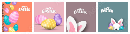 Easter banner template with Easter eggs, happy easter day poster, cards, cover, banners set for social media Greetings and presents Promotion shopping in cute colorful 3d realistic  egg and bunnies.