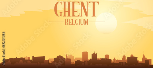Golden yellow panoramic poster of the city skyline with misty background buildings and clouds of GHENT, BELGIUM