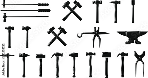Blacksmithing tools silhouette collection featuring hammers, tongs, chisels, and anvil for forging, metalworking, craftsmanship, workshop, and industrial illustration